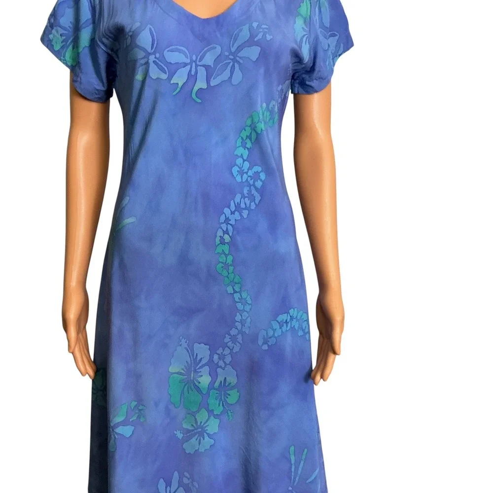 Tropical Tantrum Blue Hawaiian Floral Print Dress V Neck ShortSleeve Casual Mumu - Picture 7 of 16